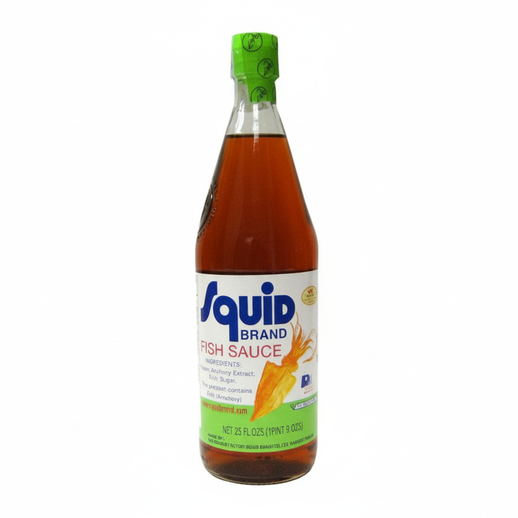 Bottle of Squid Brand Fish Sauce on a white background